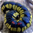 A coiled snake with black, yellow, and blue bands, viewed from above.